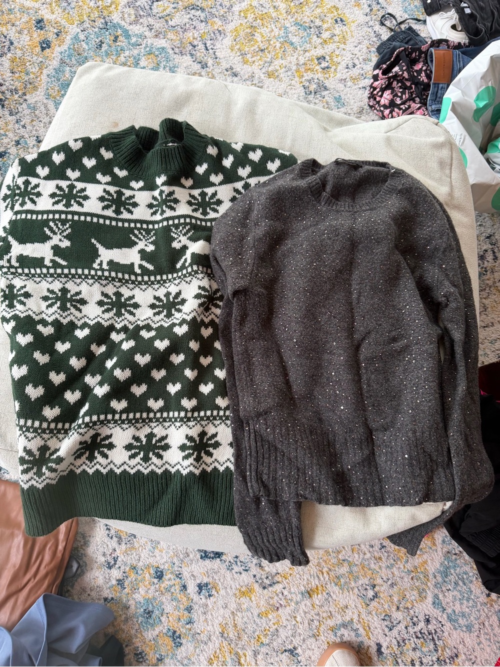 Green and White Fair Isle Crewneck Sweater with Reindeer Motif and sparkle sweat
